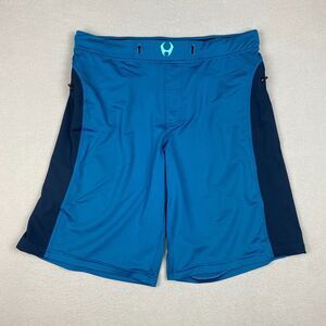 Hylete Mens Large Pull On Drawstring Athletic Shorts Blue Zip Pockets Stretch